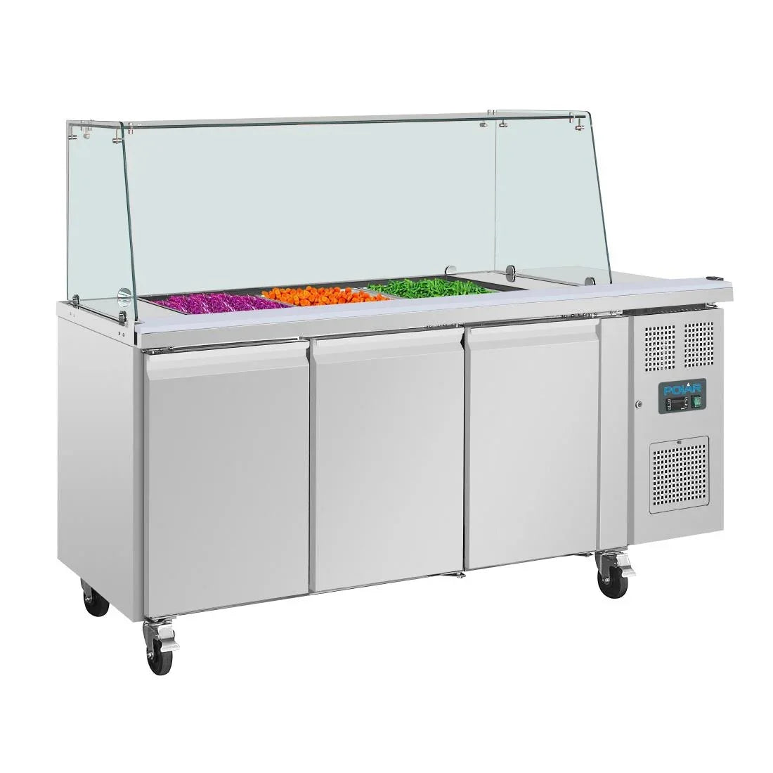 UA018 Polar U-Series GN Saladette Counter with Square Sneeze Guard 3 Door - JD Catering Equipment Solutions Ltd