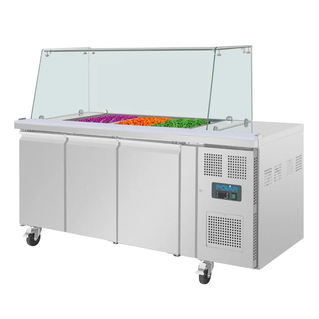 UA018 Polar U-Series GN Saladette Counter with Square Sneeze Guard 3 Door - JD Catering Equipment Solutions Ltd