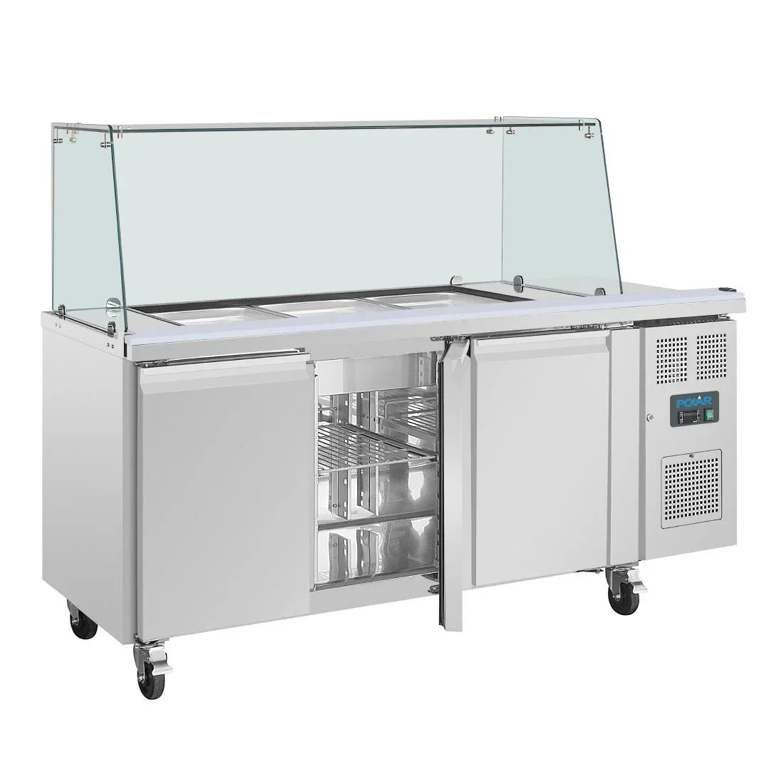UA018 Polar U-Series GN Saladette Counter with Square Sneeze Guard 3 Door - JD Catering Equipment Solutions Ltd