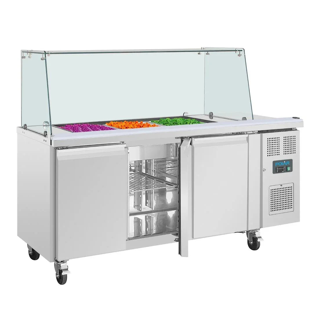 UA018 Polar U-Series GN Saladette Counter with Square Sneeze Guard 3 Door - JD Catering Equipment Solutions Ltd