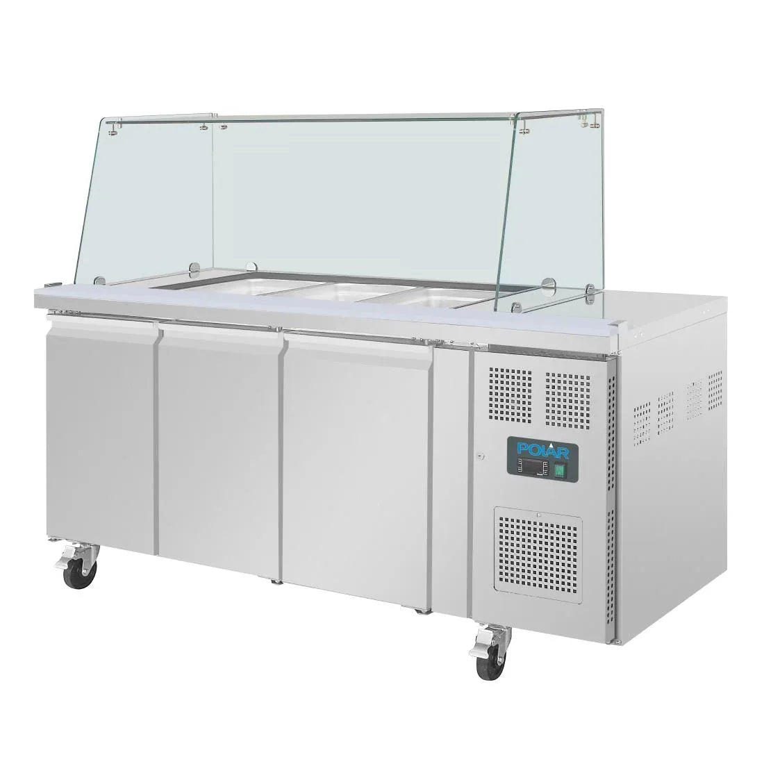 UA018 Polar U-Series GN Saladette Counter with Square Sneeze Guard 3 Door - JD Catering Equipment Solutions Ltd