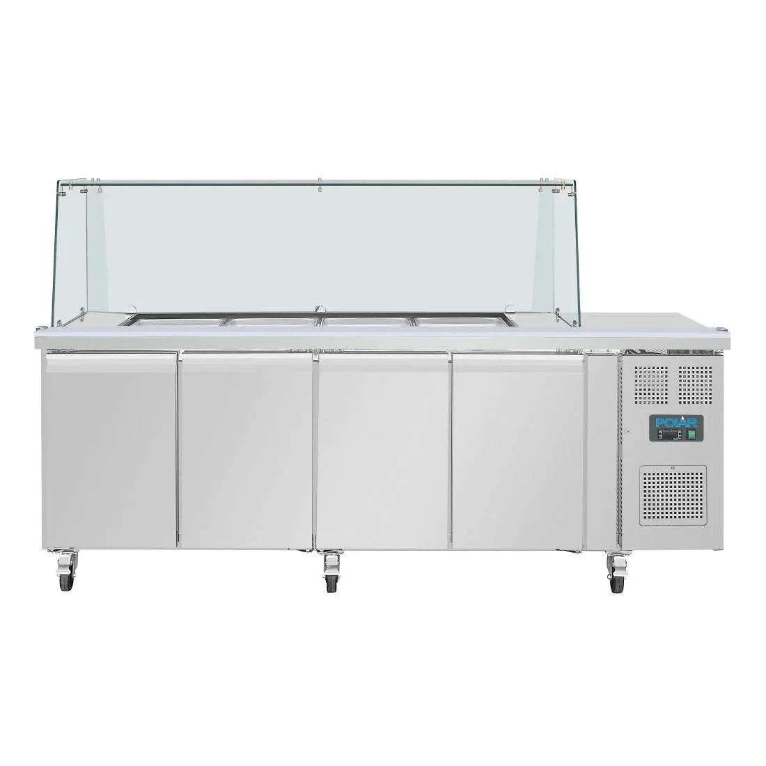 UA019 Polar U-Series GN Saladette Counter with Square Sneeze Guard 4 Door - JD Catering Equipment Solutions Ltd