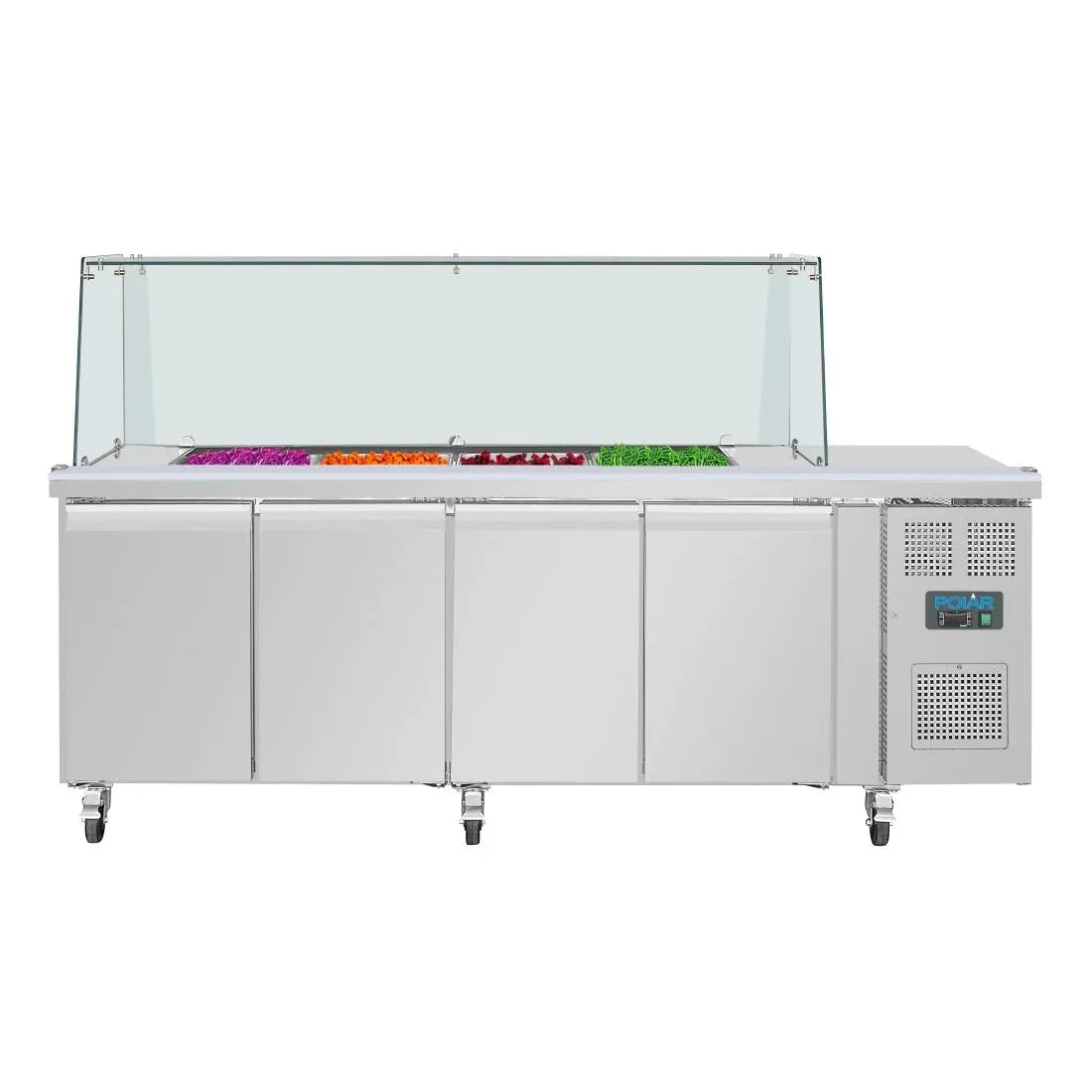 UA019 Polar U-Series GN Saladette Counter with Square Sneeze Guard 4 Door - JD Catering Equipment Solutions Ltd