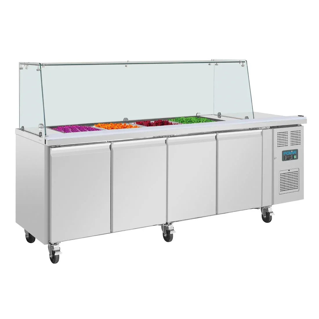 UA019 Polar U-Series GN Saladette Counter with Square Sneeze Guard 4 Door - JD Catering Equipment Solutions Ltd