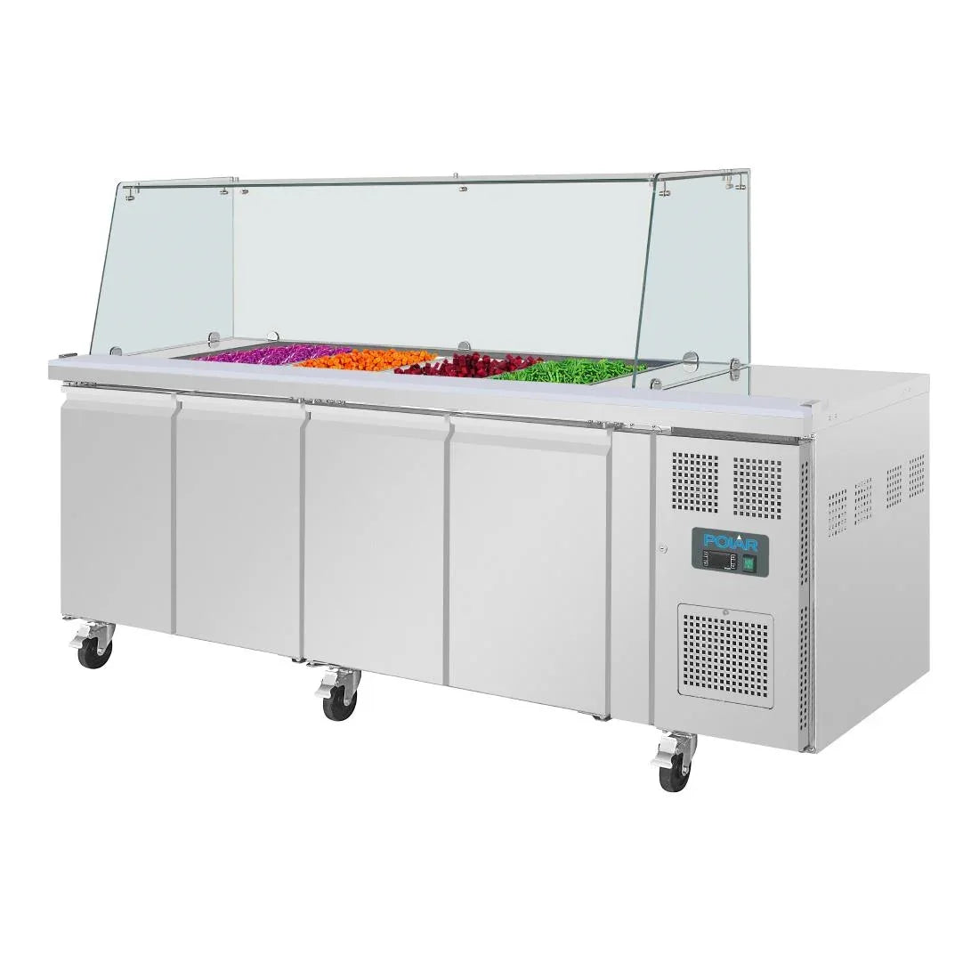 UA019 Polar U-Series GN Saladette Counter with Square Sneeze Guard 4 Door - JD Catering Equipment Solutions Ltd