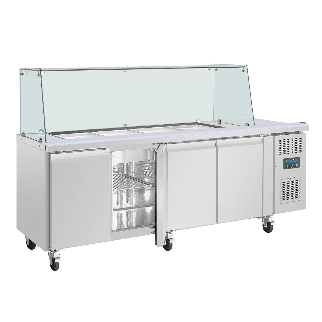 UA019 Polar U-Series GN Saladette Counter with Square Sneeze Guard 4 Door - JD Catering Equipment Solutions Ltd