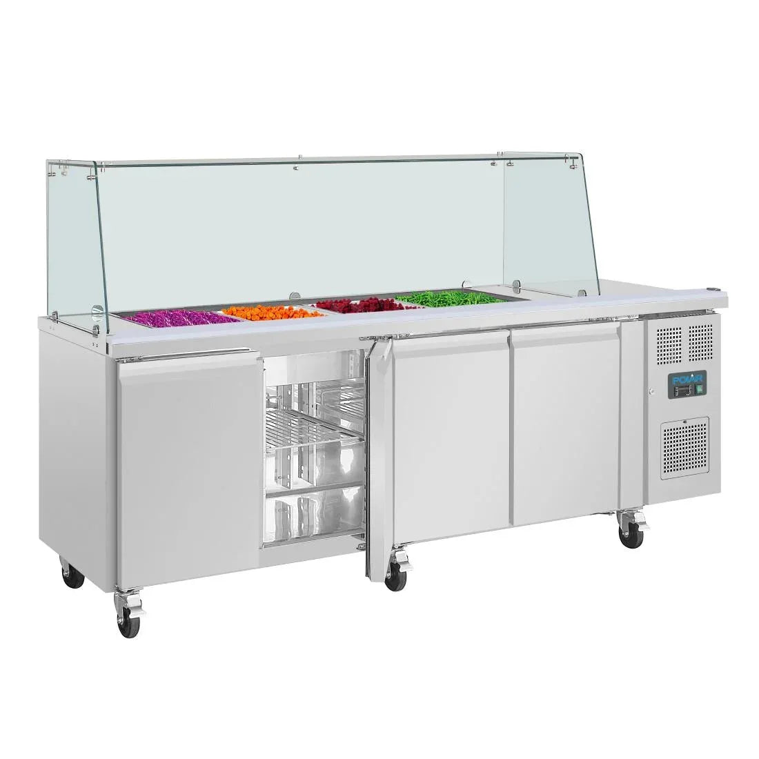 UA019 Polar U-Series GN Saladette Counter with Square Sneeze Guard 4 Door - JD Catering Equipment Solutions Ltd