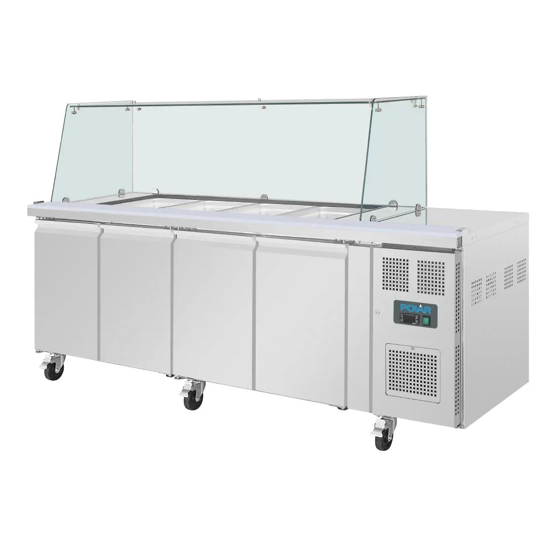 UA019 Polar U-Series GN Saladette Counter with Square Sneeze Guard 4 Door - JD Catering Equipment Solutions Ltd