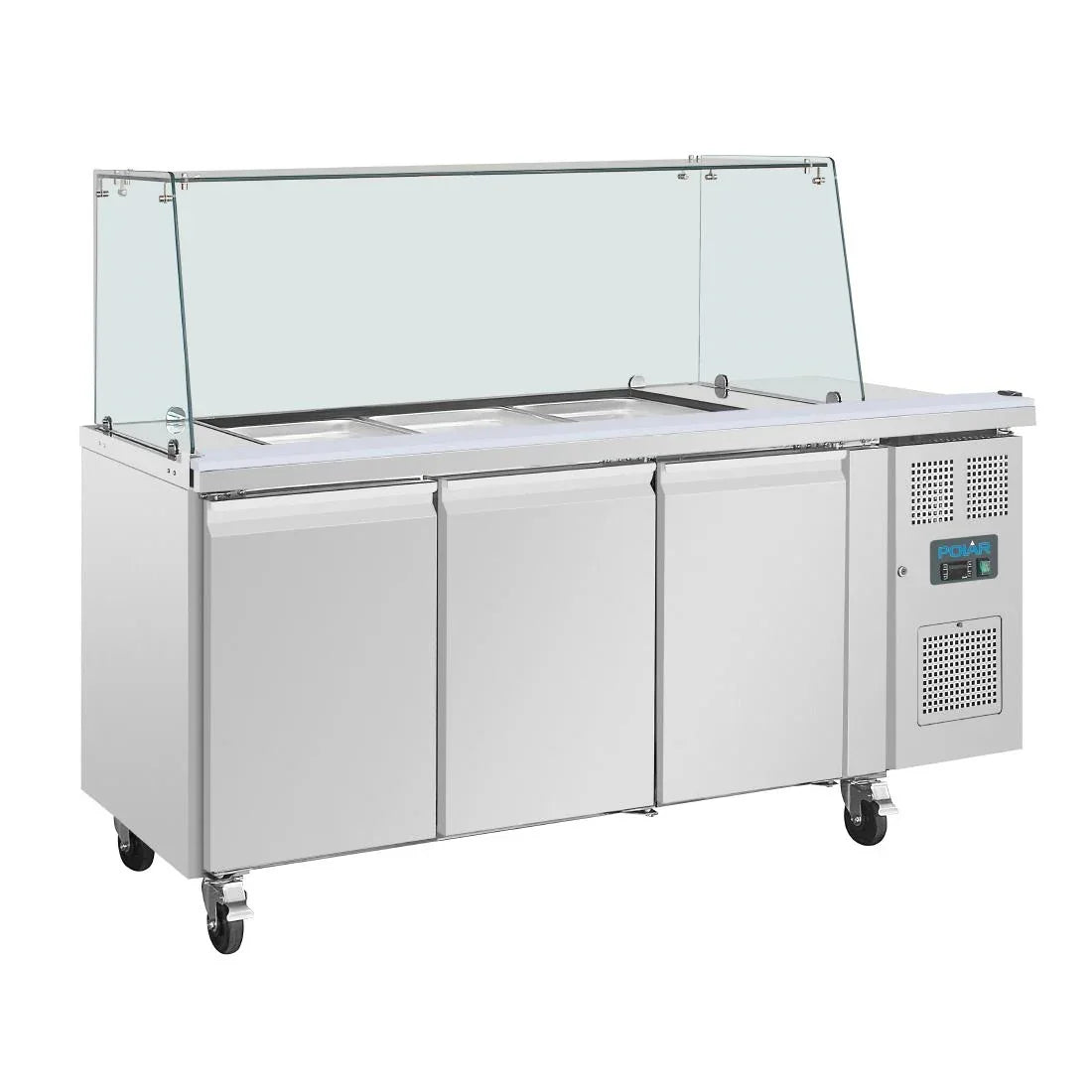 UA018 Polar U-Series GN Saladette Counter with Square Sneeze Guard 3 Door - JD Catering Equipment Solutions Ltd
