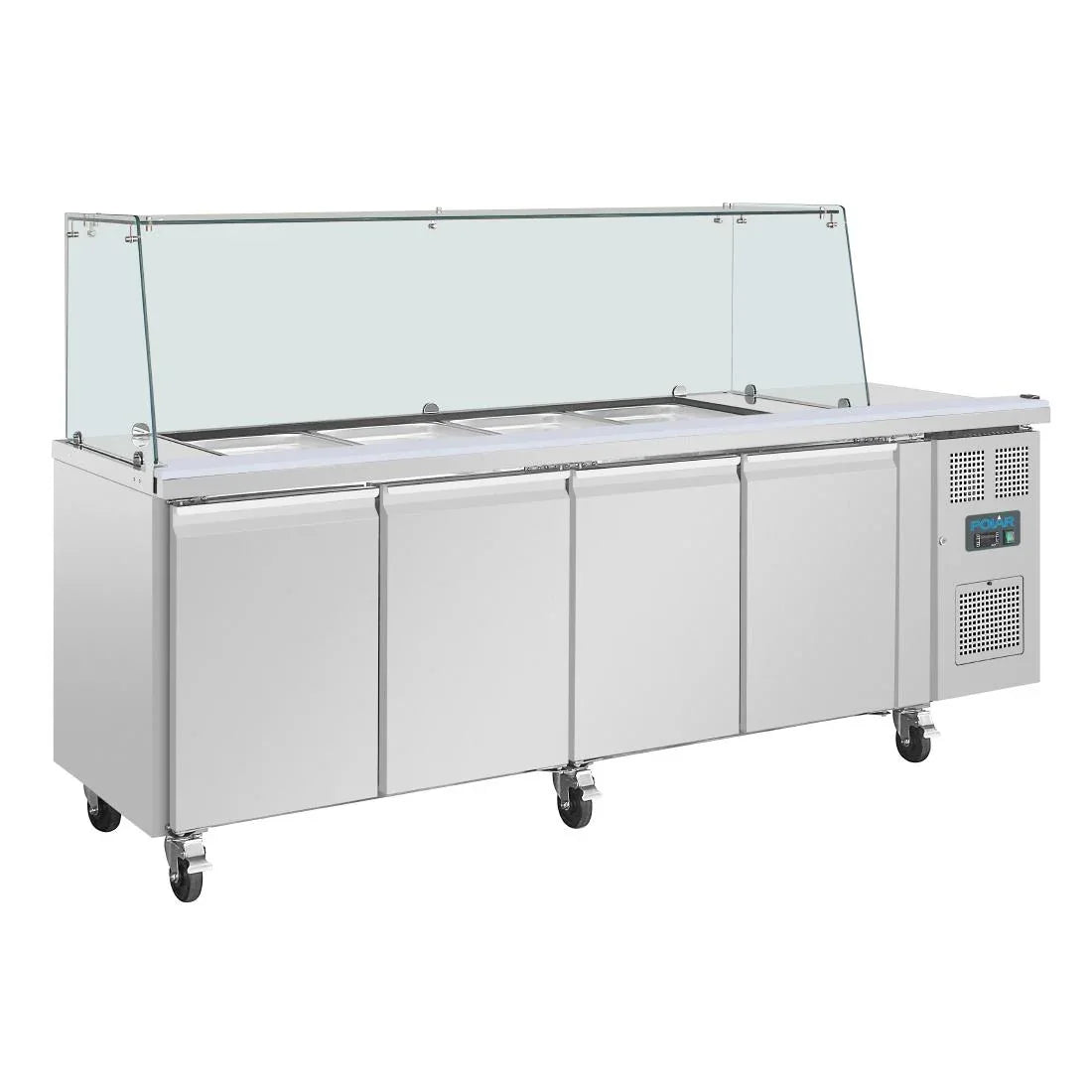 UA019 Polar U-Series GN Saladette Counter with Square Sneeze Guard 4 Door - JD Catering Equipment Solutions Ltd