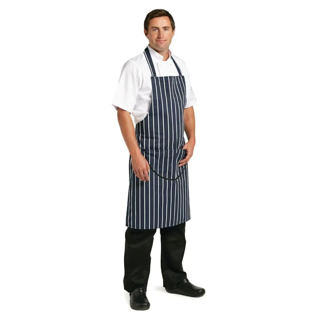 A535 Whites Butchers Apron Navy Stripe with Pocket - JD Catering Equipment Solutions Ltd