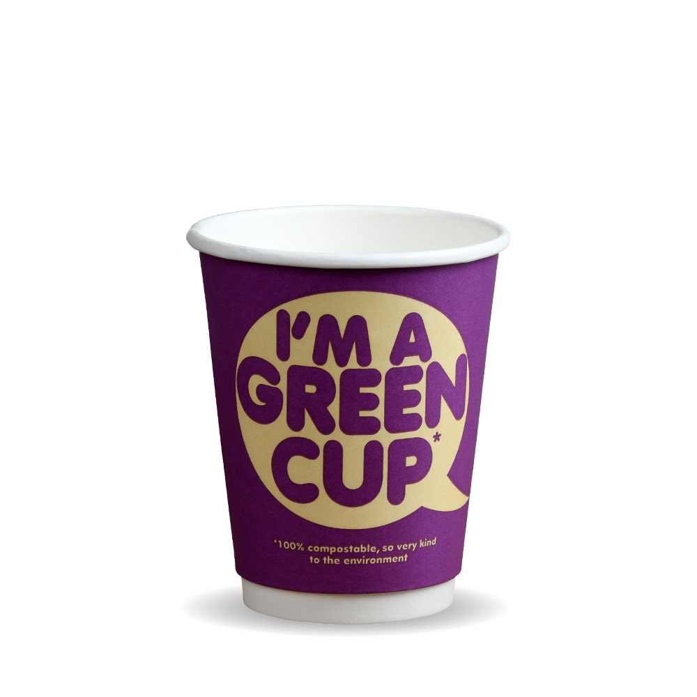 Double Wall BioCup - "I'm A Green Cup" - Smooth - 375ml / 12oz (90mm) - 500/ctn - "I'm a Green Cup" purple - BioPak commercial catering consumable