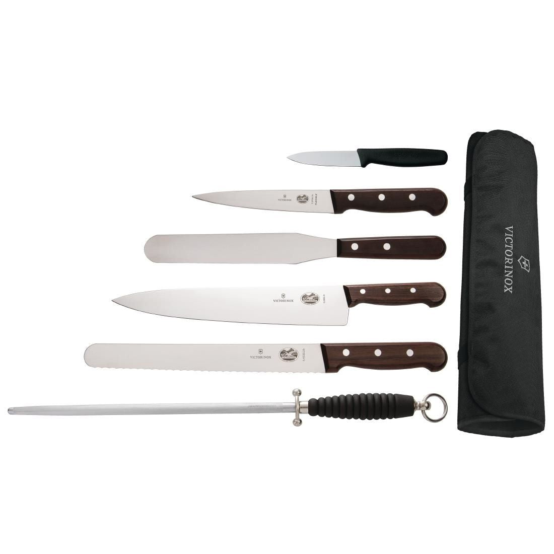 ( Availability TBC ) S188 Victorinox 6 Piece Rosewood Knife Set with 20cm Chefs Knife with Wallet JD Catering Equipment Solutions Ltd