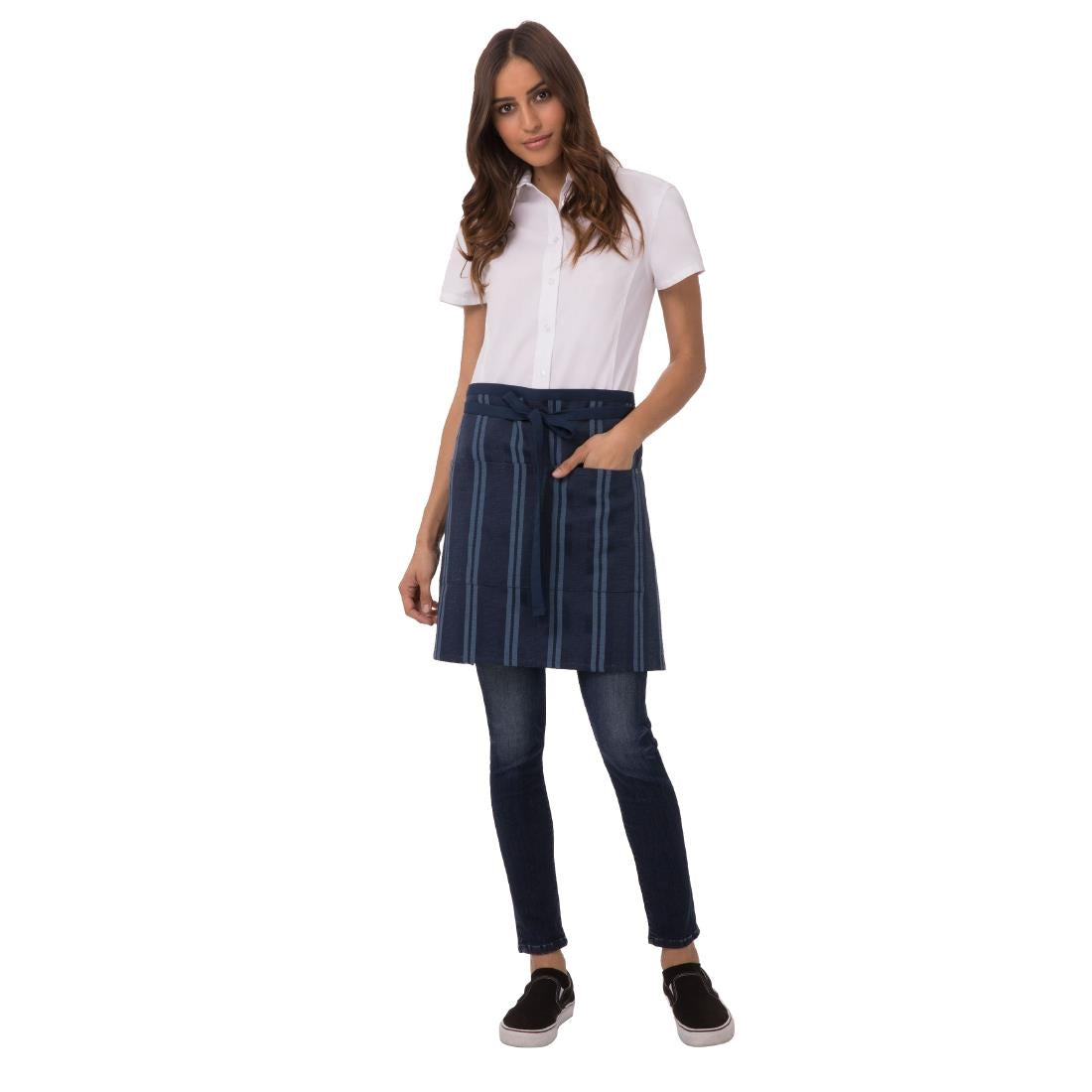 B452 Chef Works Urban Presidio Navy Satin Stripe Half Bistro Apron JD Catering Equipment Solutions Ltd