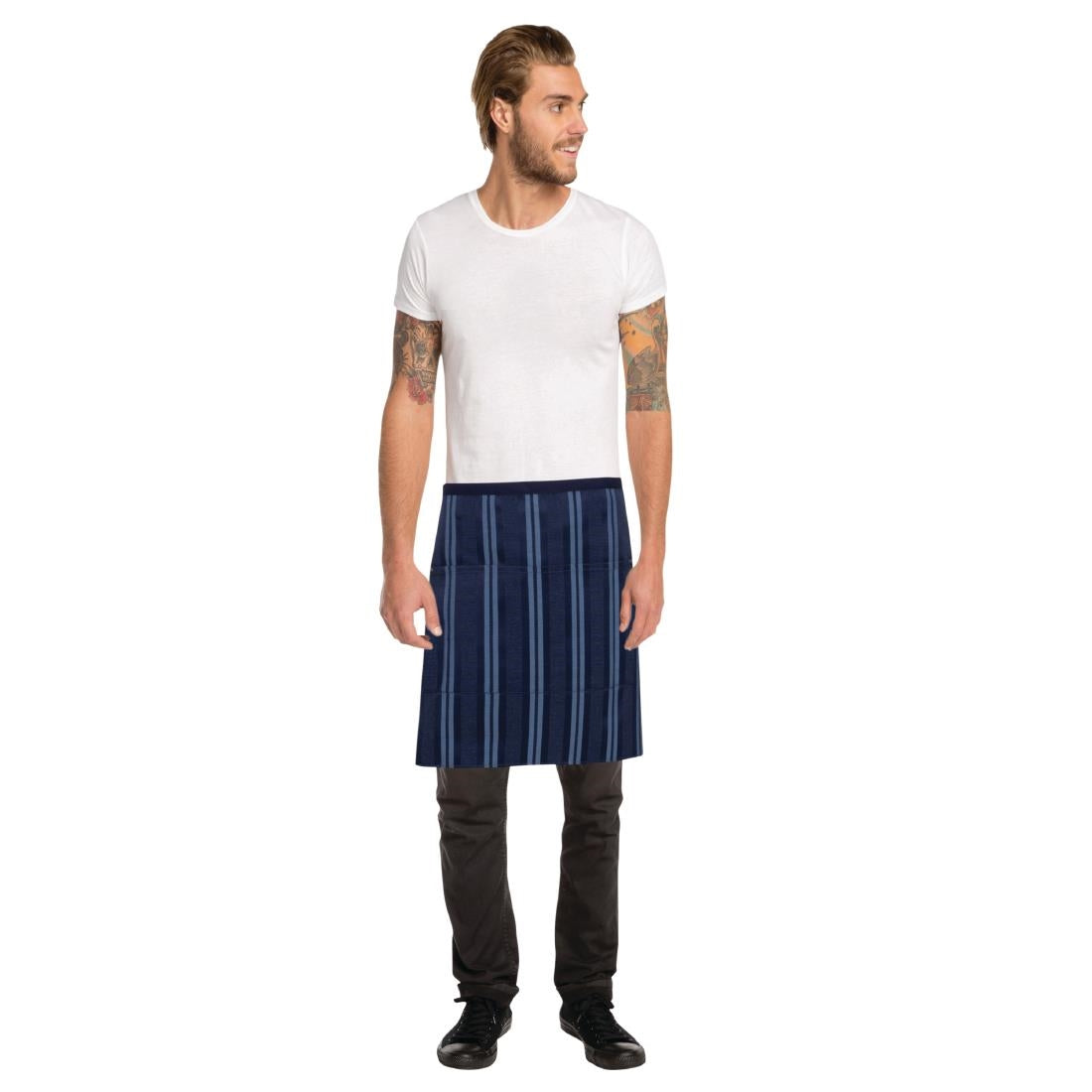 B452 Chef Works Urban Presidio Navy Satin Stripe Half Bistro Apron JD Catering Equipment Solutions Ltd