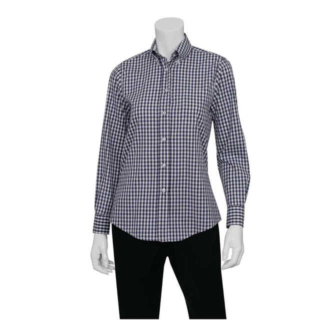 B877-L Chef Works Womens Dress Shirt Dark Navy Gingham L - JD Catering Equipment Solutions Ltd