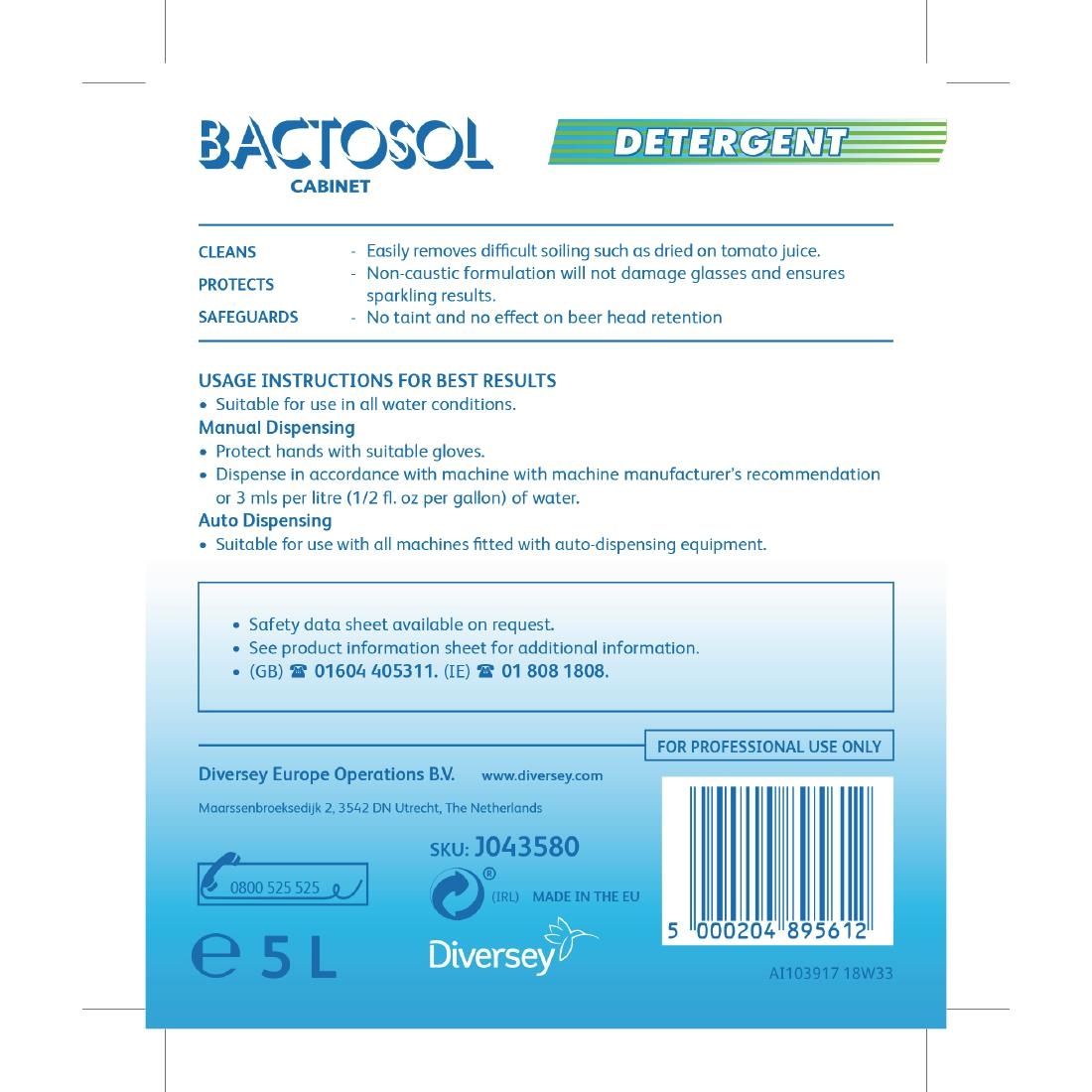 Bactosol Glasswasher Detergent Concentrate 5Ltr (2 Pack) JD Catering Equipment Solutions Ltd