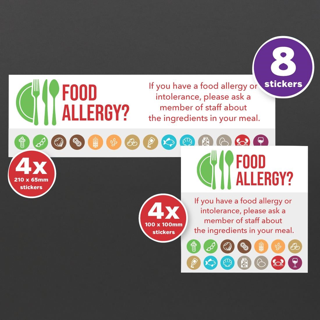 CG205 Allergy Awareness Sticker Pack  (Pack of 8 Self Adhesive Vinyl Stickers) JD Catering Equipment Solutions Ltd