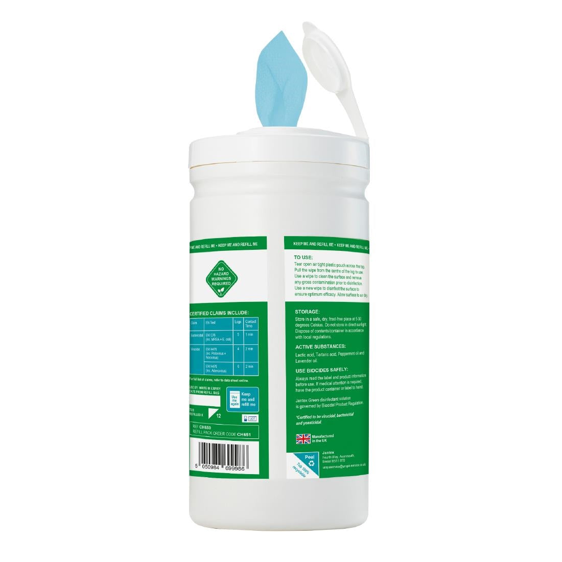 CH650 Jantex Green Surface Sanitiser Wipes Starter Tub 200mm (Pack of 200) JD Catering Equipment Solutions Ltd
