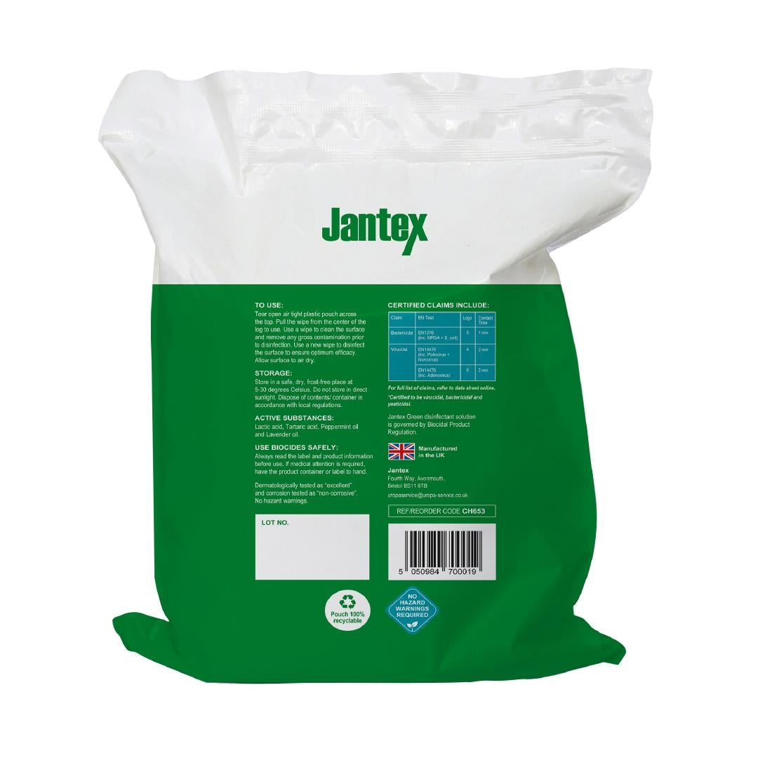 CH653 Jantex Green Surface Sanitiser Wipes Refill Pack 200mm (Pack of 400) JD Catering Equipment Solutions Ltd