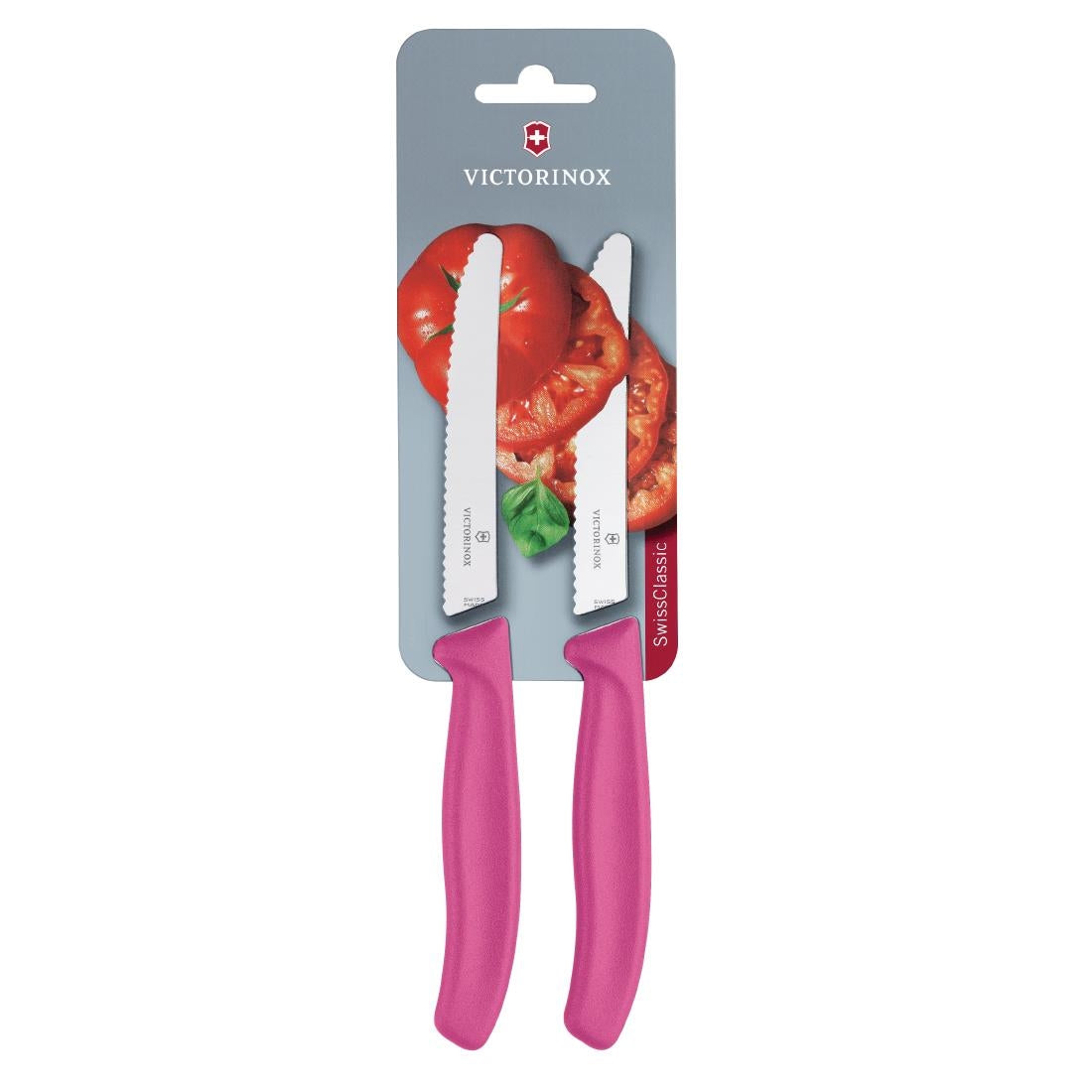 CU555 Victorinox 2 Piece Serrated Tomato/Utility Knife (Blister Pack) 11cm - Pink JD Catering Equipment Solutions Ltd