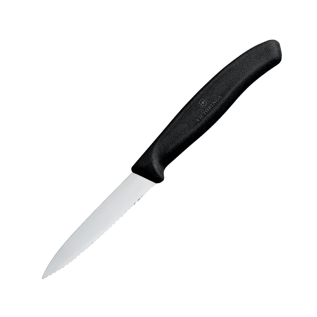 CX746 Victorinox Paring Knife Pointed Tip Serrated Edge 8cm Black JD Catering Equipment Solutions Ltd