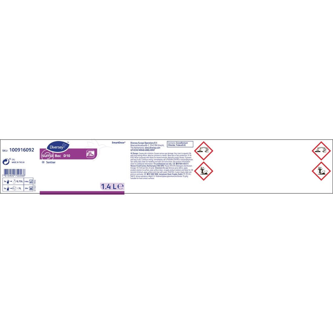 CX807 Suma SmartDose Bac D10 Cleaner and Sanitiser Super Concentrate 1.4Ltr JD Catering Equipment Solutions Ltd