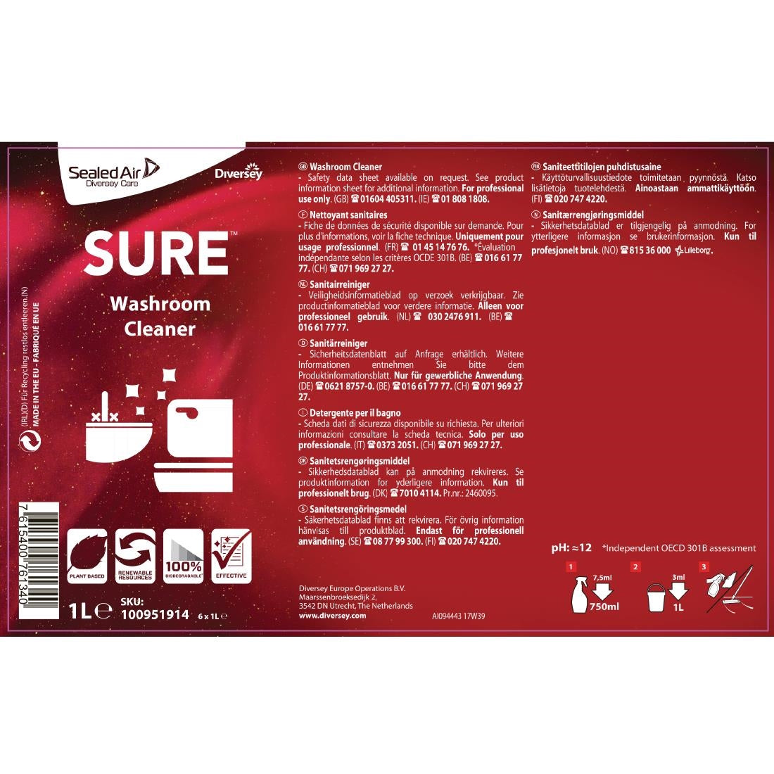 CX841 SURE Washroom Cleaner Concentrate 1 Litre JD Catering Equipment Solutions Ltd