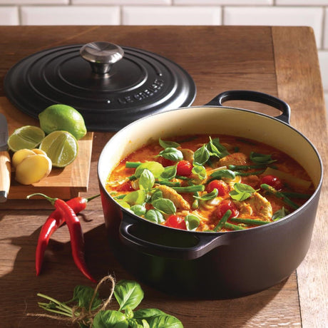 DR456 Le Creuset Cast Iron Round Casserole 20cm 2.4L Satin Black JD Catering Equipment Solutions Ltd