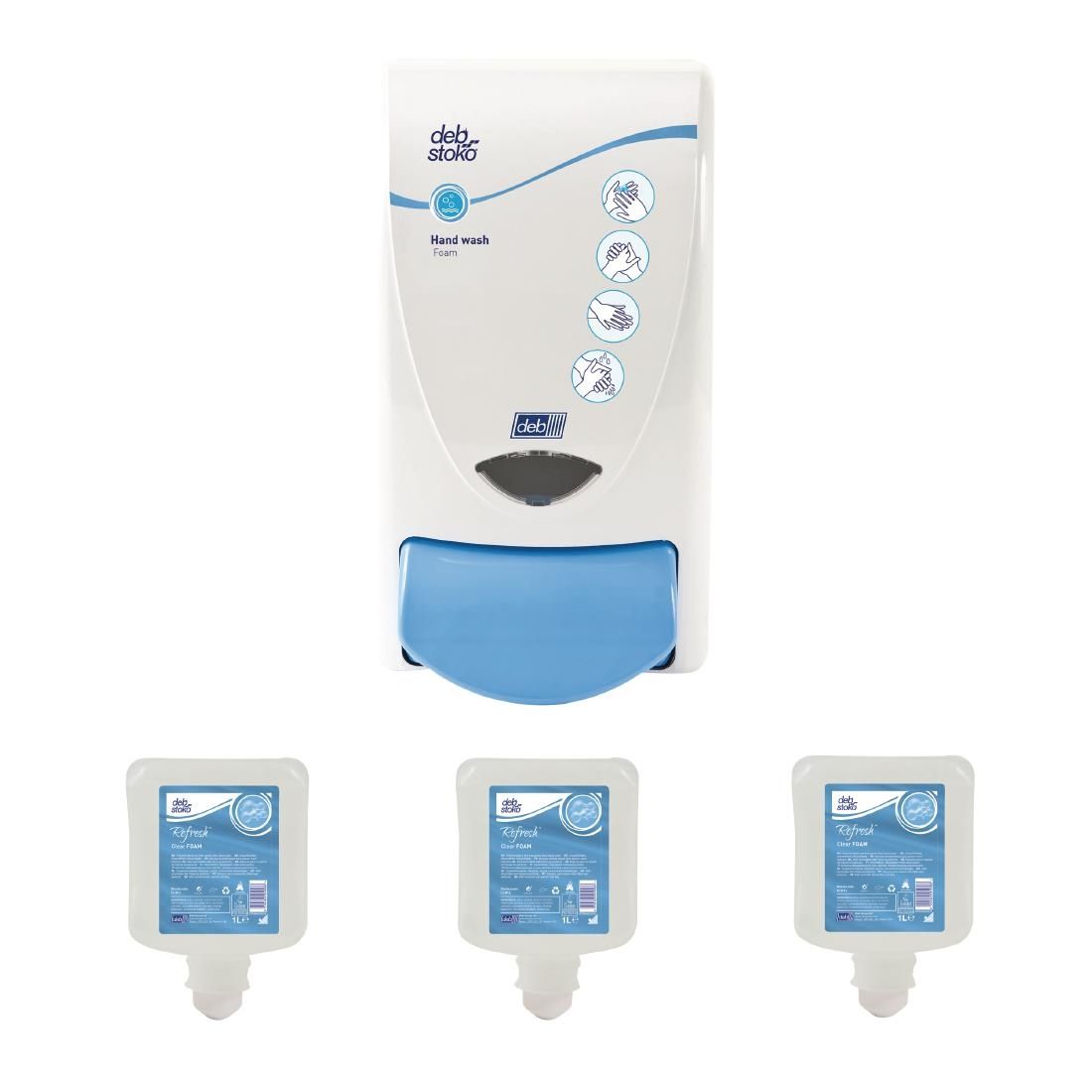 Deb Clear Foam Soap Dispenser and 3 Unperfumed Foam Hand Soaps 1Ltr JD Catering Equipment Solutions Ltd