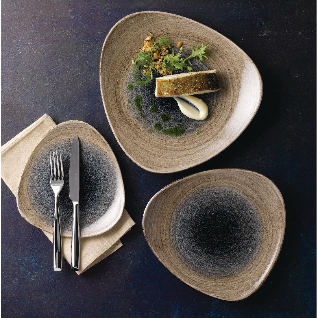 FA667 Churchill Stonecast Aqueous Triangular Plates Bayou Taupe 229mm (Pack of 12) JD Catering Equipment Solutions Ltd