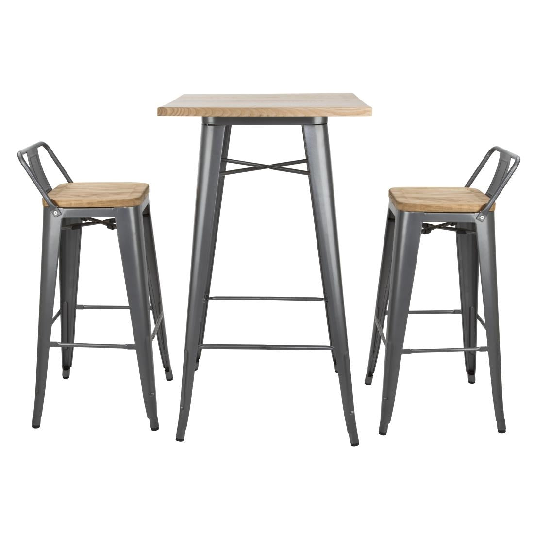 FB624 Bolero Bistro Backrest High Stools with Wooden Seat Pad Gun Metal (Pack of 4) JD Catering Equipment Solutions Ltd