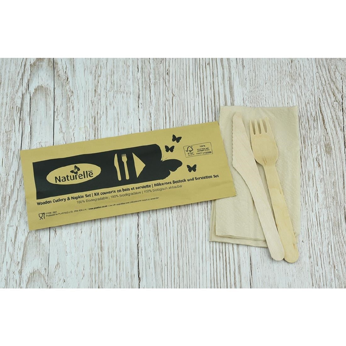 FS167 eGreen Individually Wrapped 3-in-1 Wooden Cutlery Set (Pack of 250) JD Catering Equipment Solutions Ltd