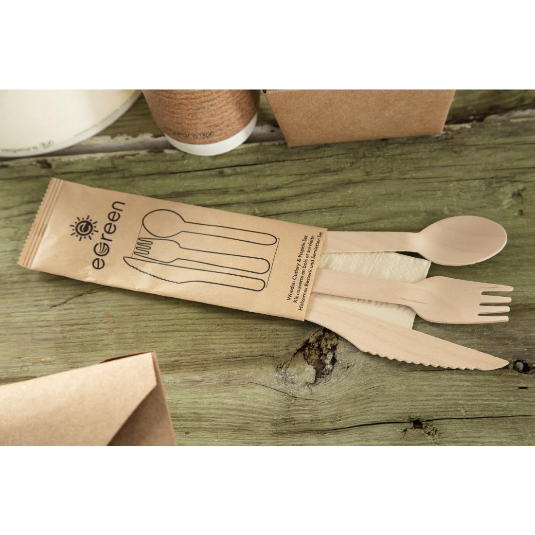 FS168 eGreen Individually Kraft Wrapped 4-in-1 Wooden Cutlery Set (Pack of 250) JD Catering Equipment Solutions Ltd