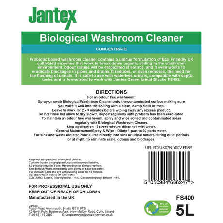 FS400 Jantex Green Biological Washroom Cleaner Concentrate 5Ltr JD Catering Equipment Solutions Ltd