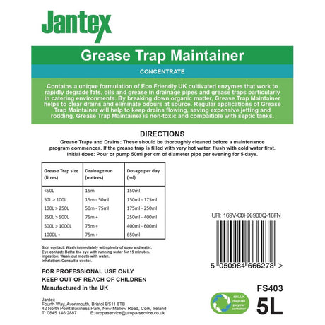 FS403 Jantex Green Grease Trap Maintainer Concentrate 5Ltr JD Catering Equipment Solutions Ltd