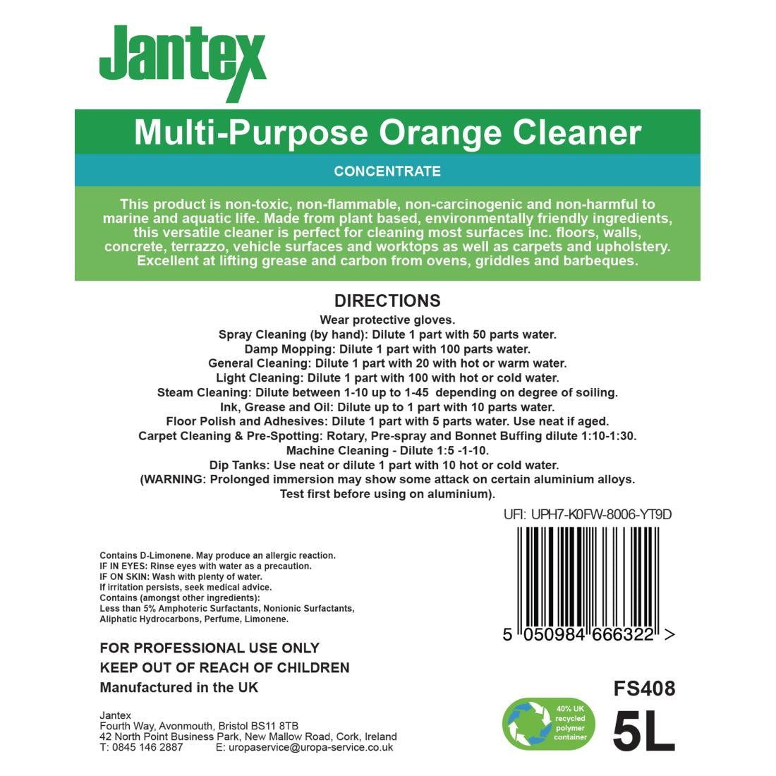 FS408 Jantex Green Orange Multipurpose Cleaner Concentrate 5Ltr JD Catering Equipment Solutions Ltd