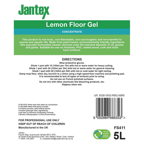 FS411 Jantex Green Lemon Floor Gel Cleaner Concentrate 5Ltr JD Catering Equipment Solutions Ltd