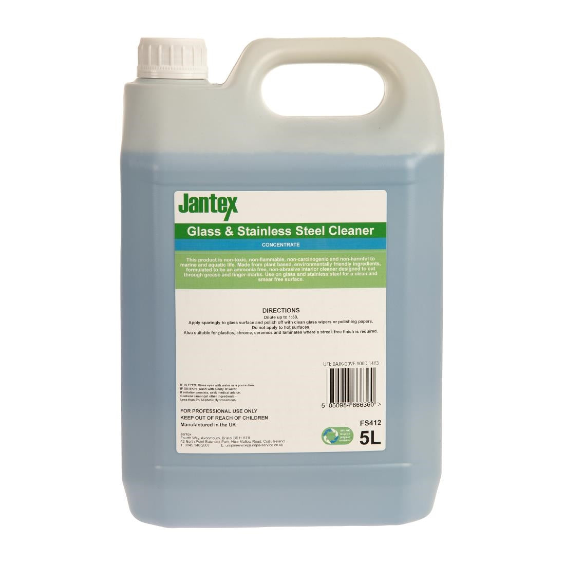 FS412 Jantex Green Glass and Stainless Steel Cleaner Concentrate 5Ltr JD Catering Equipment Solutions Ltd