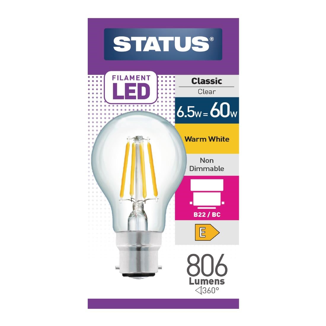 FW518 Status Filament LED GLS BC Warm White Light Bulb 7/60w JD Catering Equipment Solutions Ltd