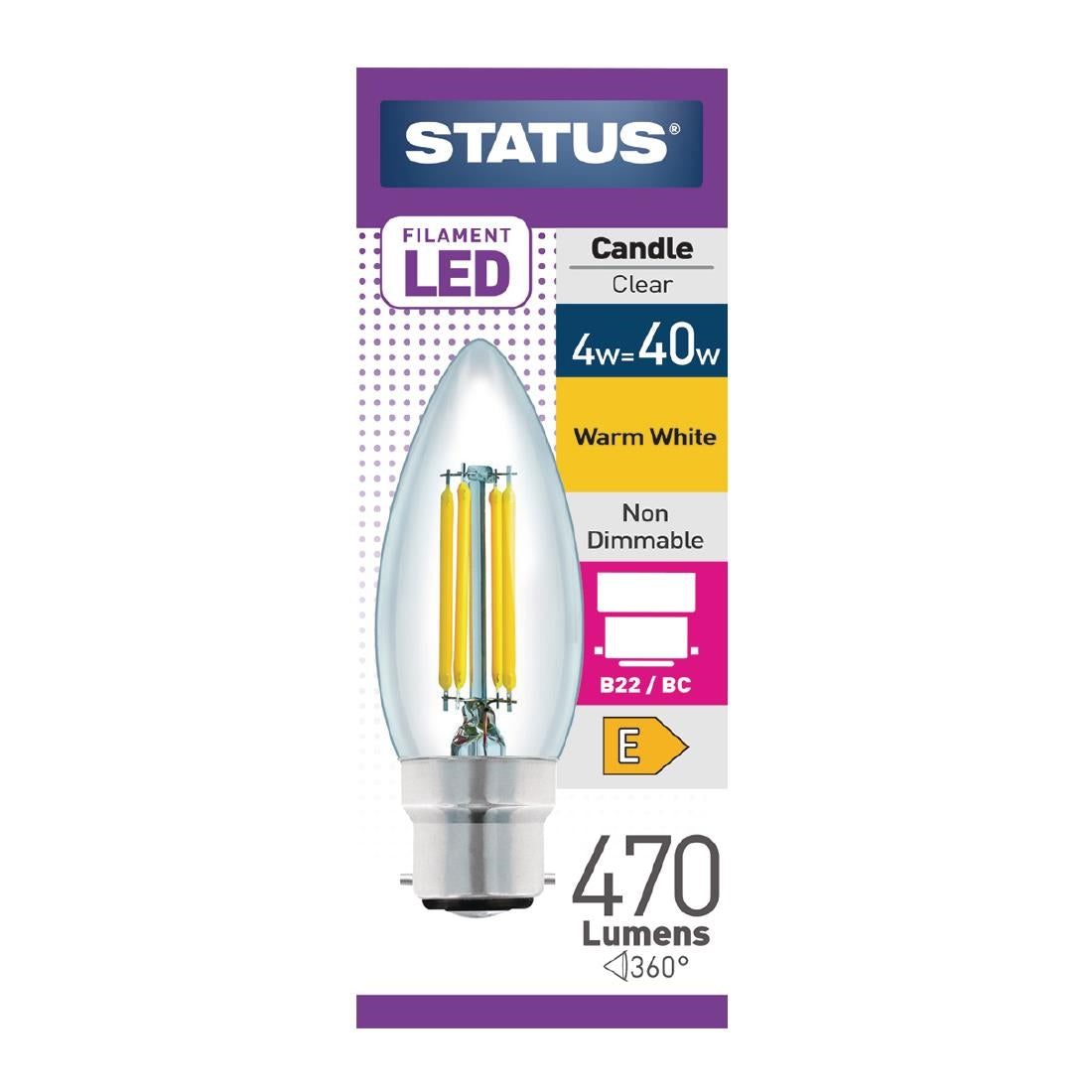 FW519 Status Filament LED Candle BC Warm White Light Bulb 4/40w JD Catering Equipment Solutions Ltd