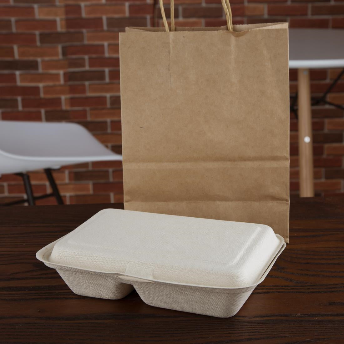 Fiesta Green Compostable Bagasse Two-Compartment Hinged Food Containers Natural Colour 253mm x200 JD Catering Equipment Solutions Ltd