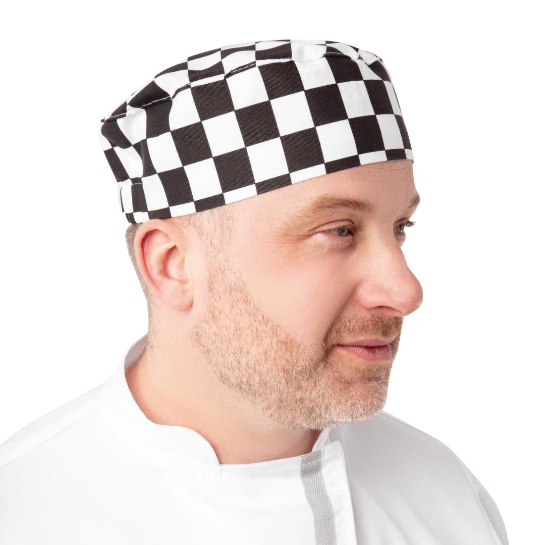 A161 Whites Chefs Skull Cap Big Black and White Check