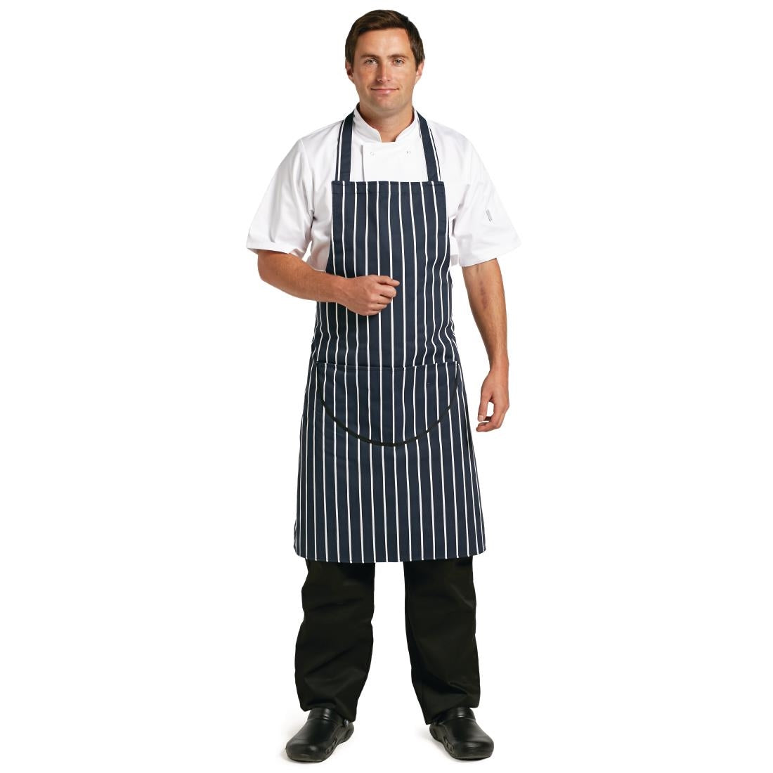 A535 Whites Butchers Apron   Navy Stripe with Pocket