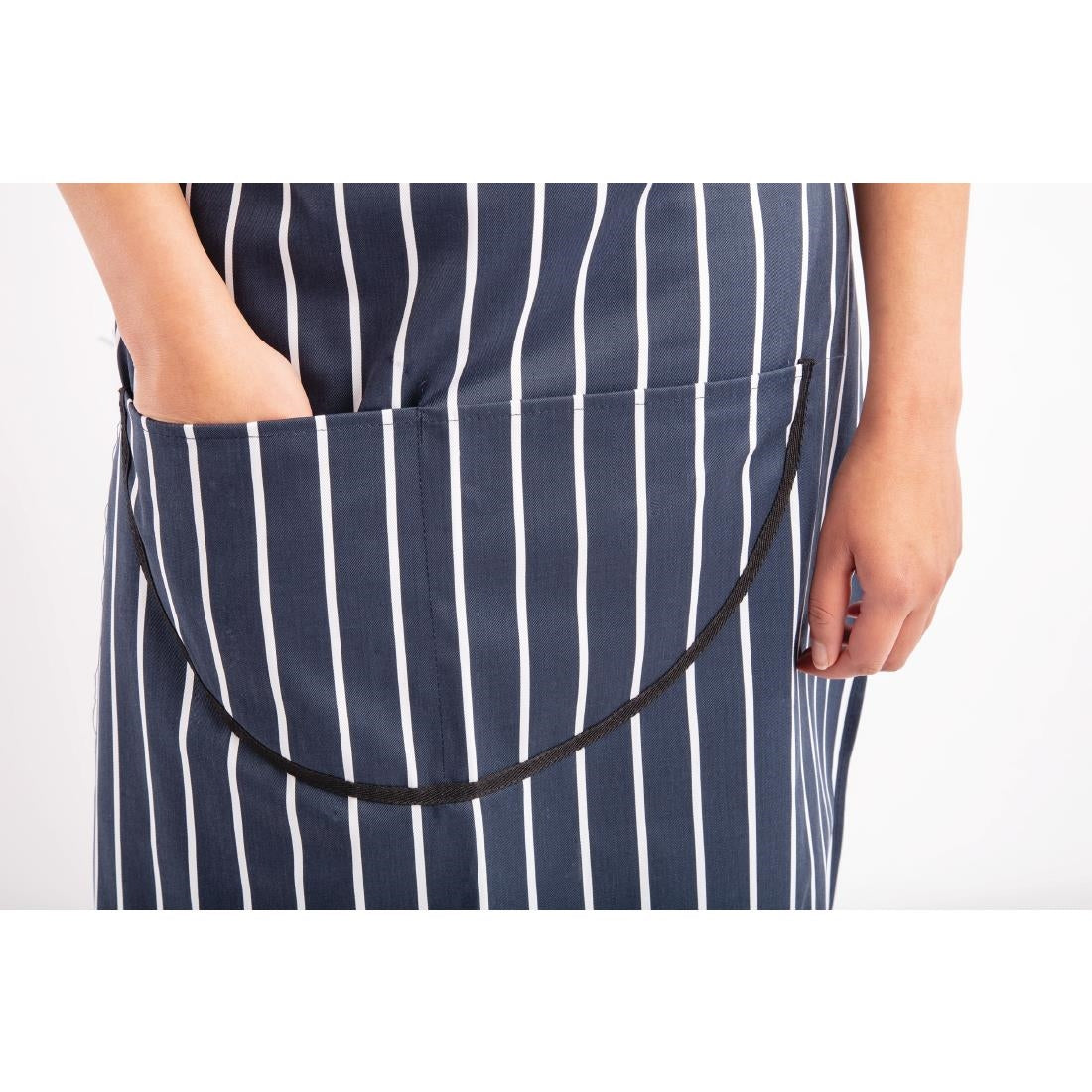 A535 Whites Butchers Apron   Navy Stripe with Pocket