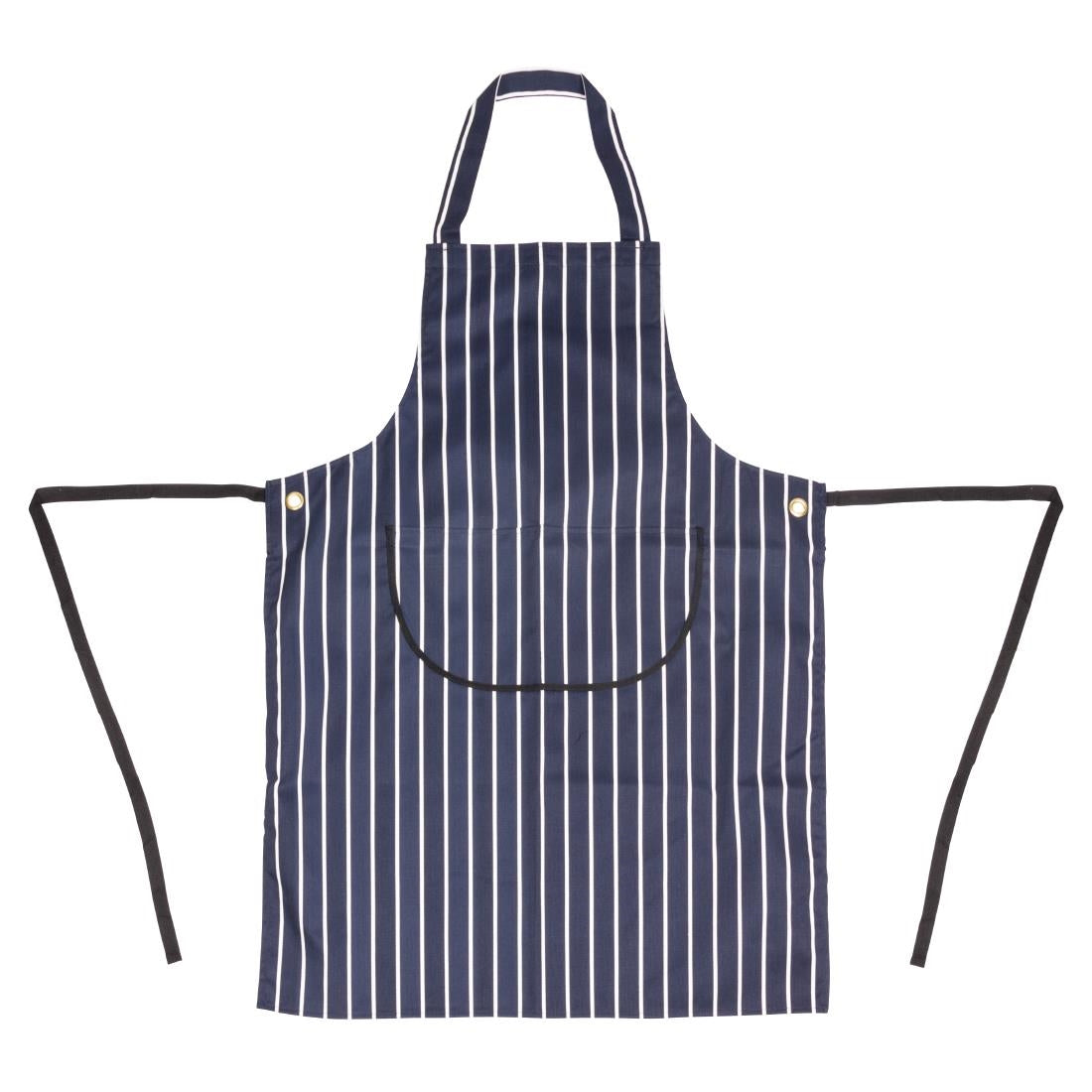 A535 Whites Butchers Apron   Navy Stripe with Pocket