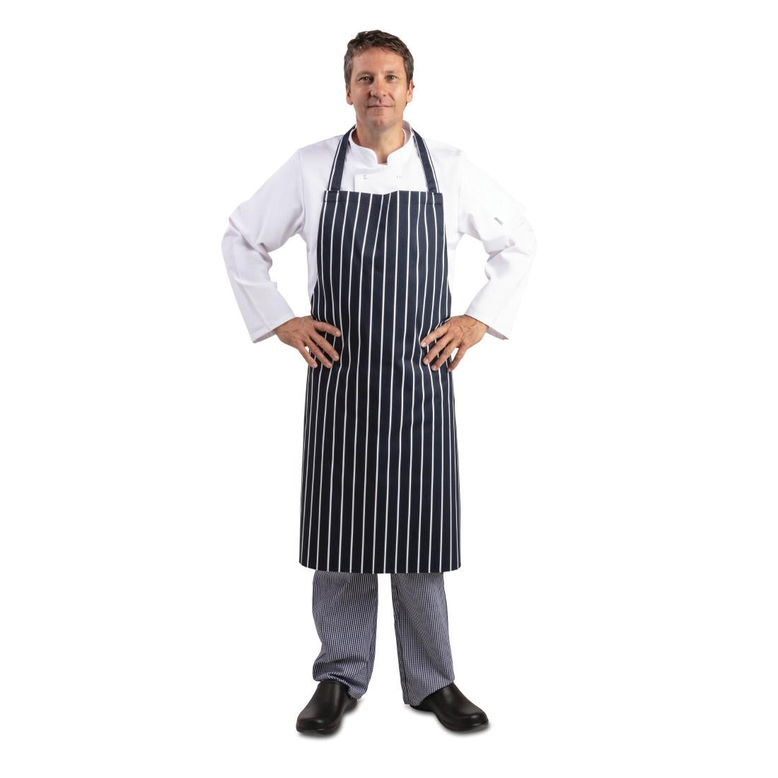 A662 Whites Butchers Apron   Navy Stripe Extra Large