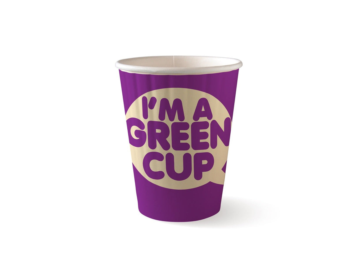 Double Wall BioCup - "I'm A Green Cup" - Panelled- 390ml / 12oz (90mm) - 1000/ctn - "I'm a Green Cup" aqueous purple - BioPak commercial catering consumable