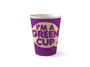 Double Wall BioCup - "I'm A Green Cup" - Panelled- 390ml / 12oz (90mm) - 1000/ctn - "I'm a Green Cup" aqueous purple - BioPak commercial catering consumable