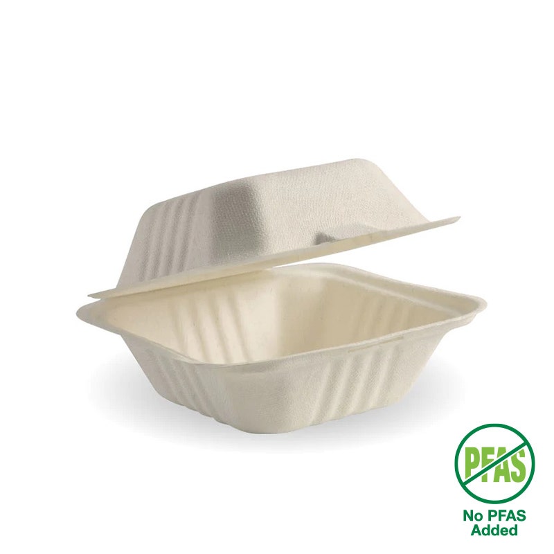 BioCane Burger Clamshell - Natural - No-Added PFAS - 6" - 400/ctn - NATURAL - BioPak commercial catering consumable